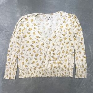 Lucky Brand Floral Smocked Waist V Neck Top L Cottagecore Gardencore Babydoll